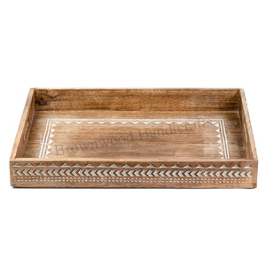 Plateau de service sculpté à la main en bois de manguier massif de forme rectangulaire de qualité supérieure pour les dîners de boissons alimentaires et l'affichage de bijoux en gros - Product Image 1