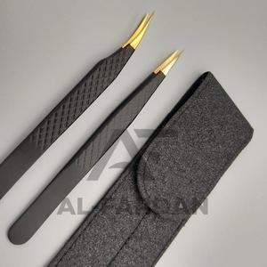 Pince à épiler d'extension de cils noir mat doré Isolation droite Pince à cils à poignée diamantée Acier inoxydable Immaculé pointu - Product Image 4