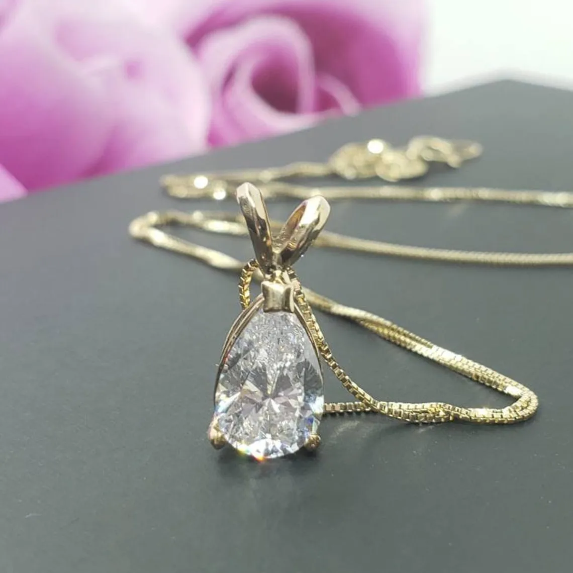 Round Moissanite Solitaire Teardrop Pendant Bezel Set Anniversary Gift For Her in 14k Solid Yellow Gold Pendant by Ritzin