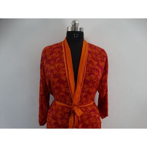 Maxi vestido de seda Vintage indio Premium Up-cycled naranja Floral Kimono hecho a mano hasta la rodilla Albornoz ropa de dormir para Plus Spring - Product Image 2