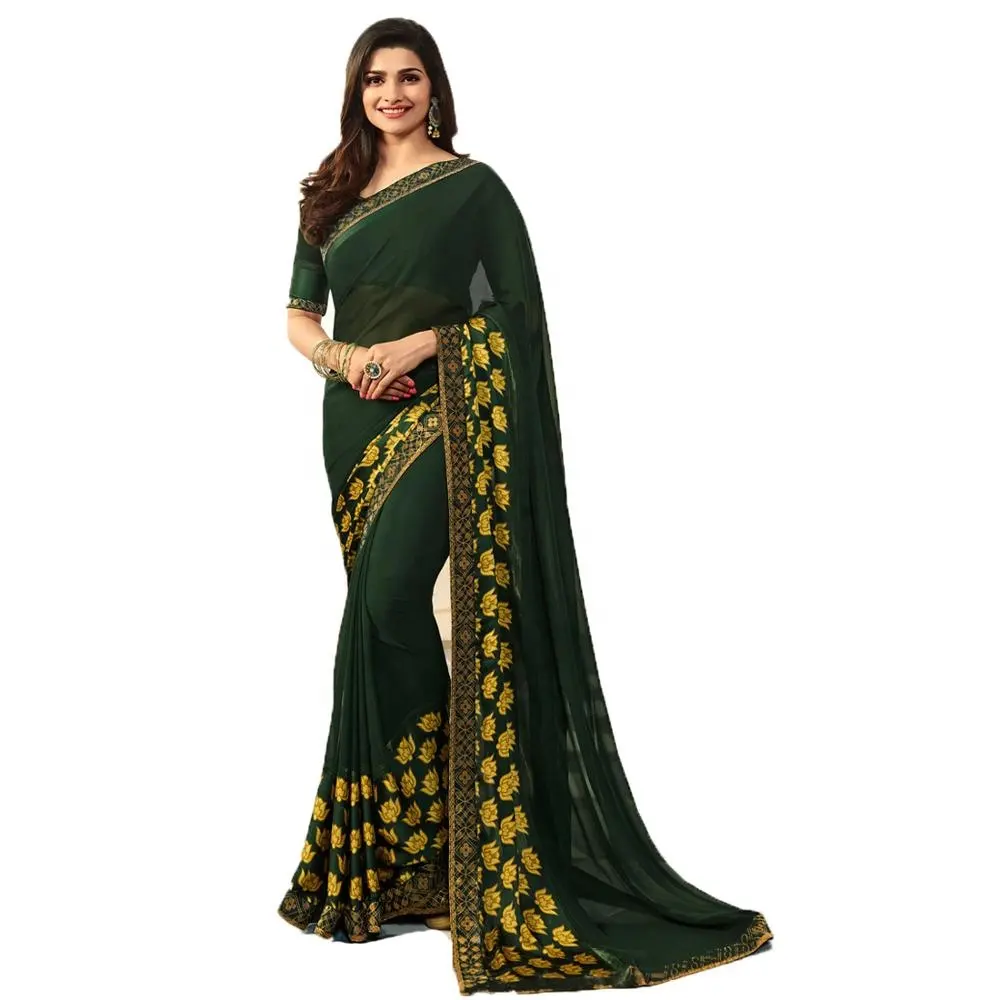 Partywear de diseño indio verde amarillo saree