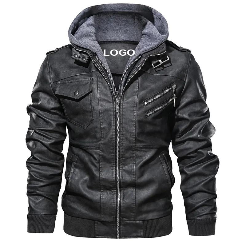 2021 Classic PU Leather Men's Motorcycle Fashion Trucker Jackets Full Zipper Up Black Brown Leather Jackets with Removeable Hood