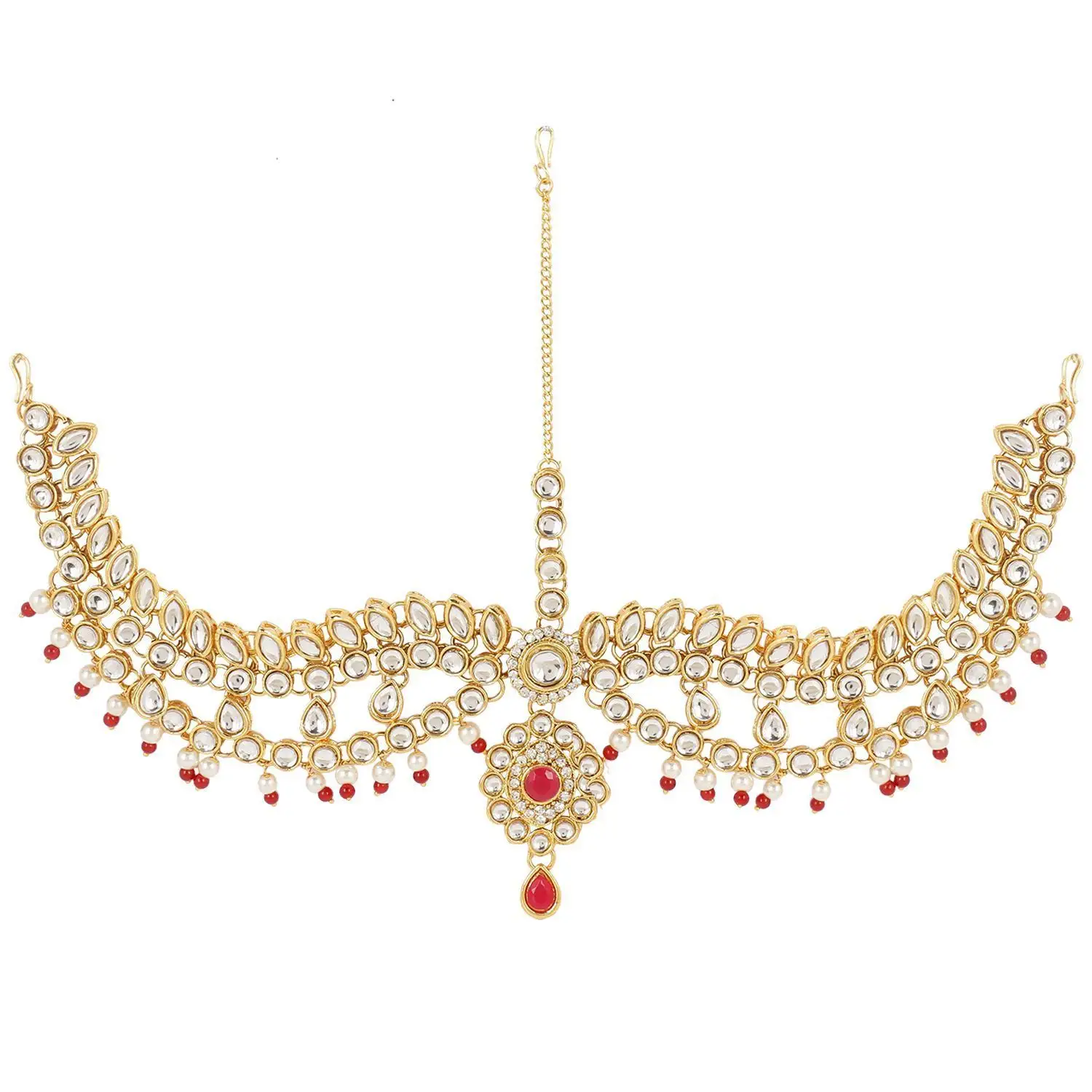 Traditional Indian White and Pink Kundan American Diamond and Pearls Head Jewelry Design for Wedding and Bridal