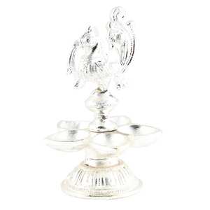 Fabriqués à la main Traditionnelle Argent Polonais En Laiton Paon Figurine Lampe À Huile Diya Deepak Pooja Article Décoration BOL-359 - Product Image 3