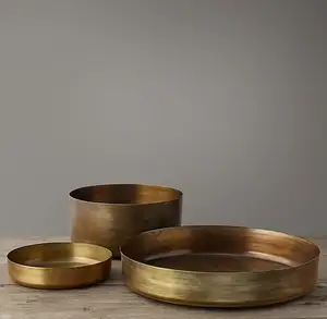 Colorful Brass Antique Vintage Round Metal Serving Salad Bowl Plate Set of 3 Premium Nesting Mixing Bowl Platter Non-slip