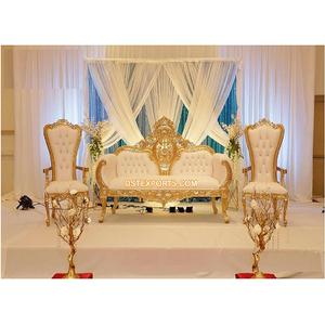 Ensemble de canapés de scène pour mariage asiatique, ensemble de canapés de mariage faits à la main pour la scène, ensemble de canapés dorés sculptés pour la mariée et le marié - Product Image 1