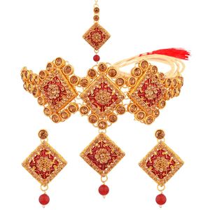 Conjunto de gargantilla de cristal antiguo para mujer, joyería india, collar, pendientes, cadena de cabeza Maang Tikka, bollwood, conjunto de novia de boda - Product Image 1