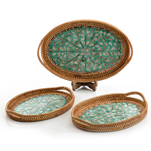 High Quality Decorative Oval Shape Rattan with Mother of Pearl MOP Serving Trays From Vietnam - Product Image 3