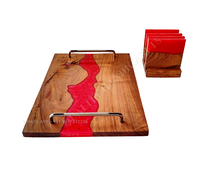 Plateau de service et sous-verres en bois d'acacia faits main, ensemble de 4 pièces, décorés de résine époxy rouge océanique, durables et multifonctionnels, de haute qualité