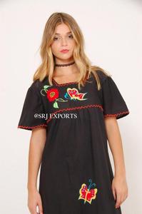 <b>Vintage</b> <b>70s</b> Maxi <b>Dress</b> Square Neck Side Slit Hand Embroidered Flora Butterfly Parrot Designs 100% Cotton Short Sleeve Summer - Product Image 1