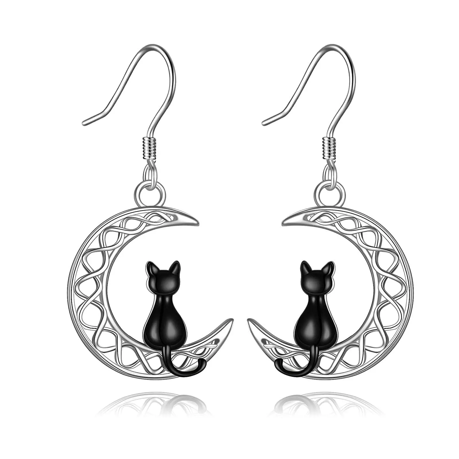Unique Cute Jewelry 925 Sterling Silver Drop Moon Cat Hook Earrings for Women