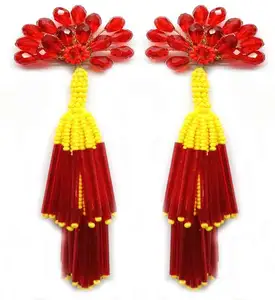 Red Gems With Yellow Beads Dangle Earrings for Women and Girls