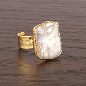 แหวนไข่มุกบิวะน้ำจืดสีขาวธรรมชาติ ขัดเงาสูง ชุบทอง ดีไซน์ลายตอก ปรับขนาดได้ อุปกรณ์ทำเครื่องประดับ - Product Image 1