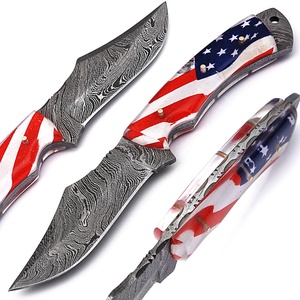 Custom Handmade Full Tang Damascus Steel Skinner Knife Length 9'' Plastic Sheet(USA Flag) & Brass Handle With Sheath