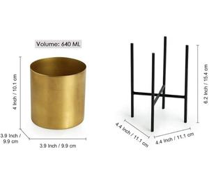 Acabado dorado con maceta de hierro con soporte negro Maceta decorativa con forma de tambor de metal duradera creativa Maceta a precio mayorista - Product Image 6