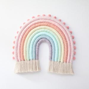 Beautifully Handmade Pastel Large Fiber Rainbow Wall Hanging With Pom Poms - Product Image 1