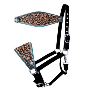 Wholesale Adjustable Black Nylon Rope Halter with Turquoise Leather Accents & Cheetah Print Hair Manufacturer's <b>Halters</b> - Product Image 1