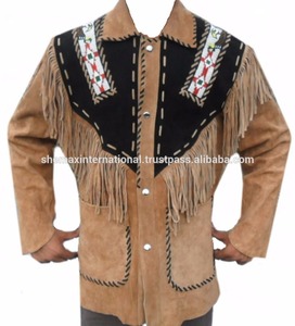 Shemax Western Leather <b>Jacket</b> Brown with Black Patch Fringed & Beads - Product Image 6
