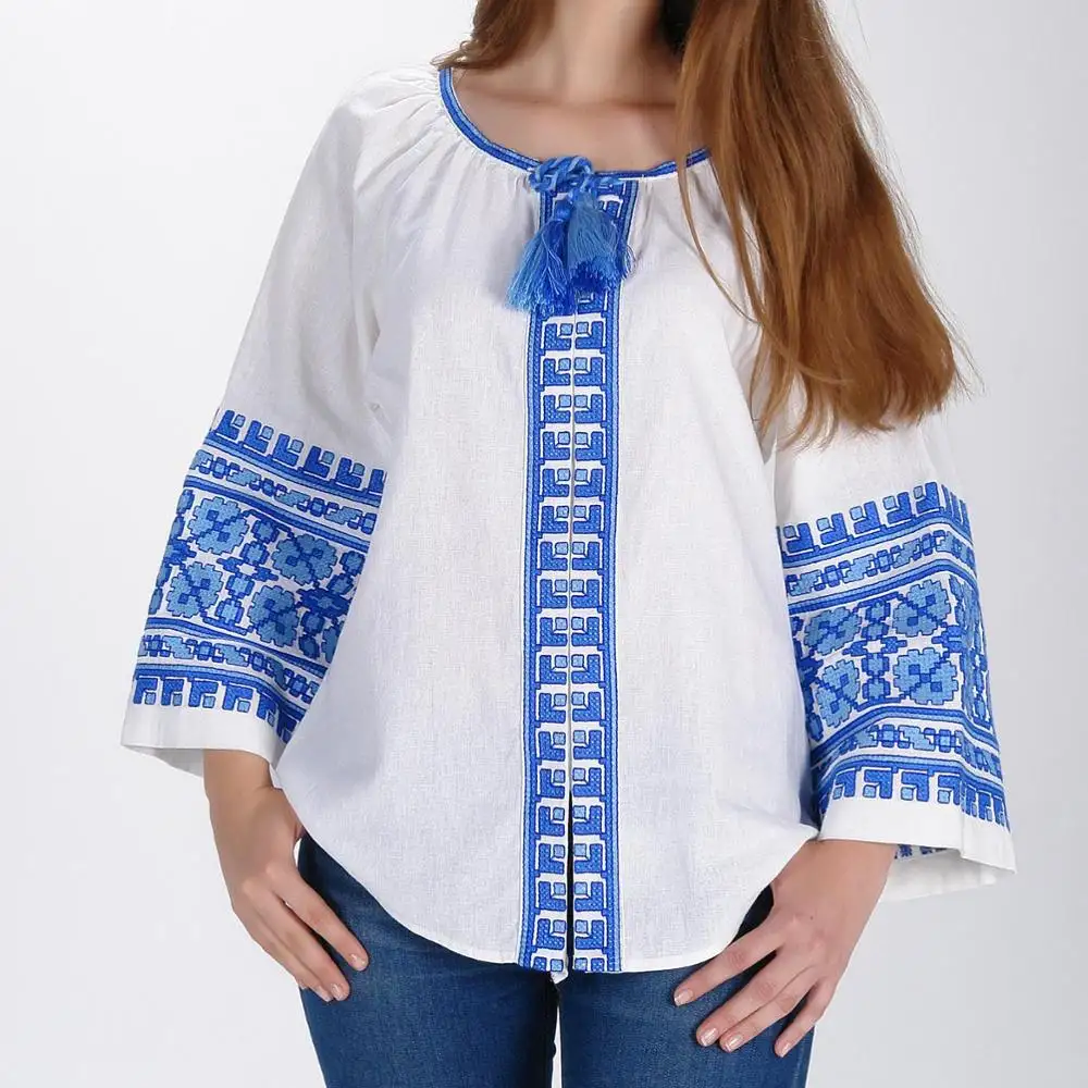 2020 Summer Collection Blue White color Cross Stitch Embroidered Fashion Designer Women Unique Look Blouse/tops