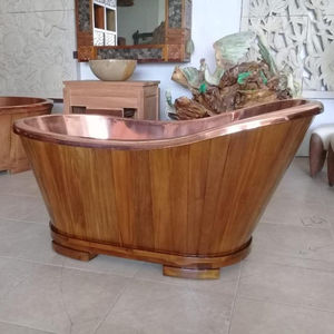 Bañera de cobre martillado con bañera de madera de teca Bali - Product Image 1