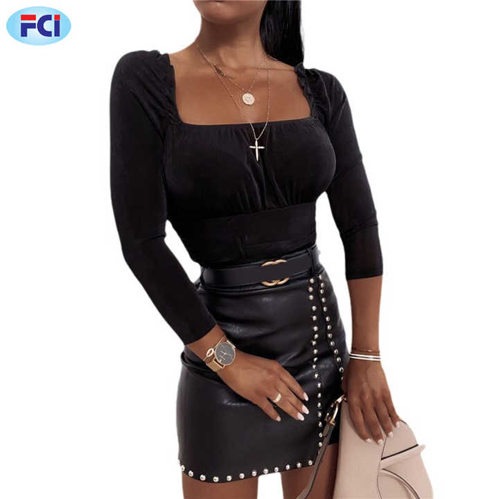 Women's Pencil Skirt Faux Leather High Waist Elegant Mini Skirt Sexy Studded Leather Skirt