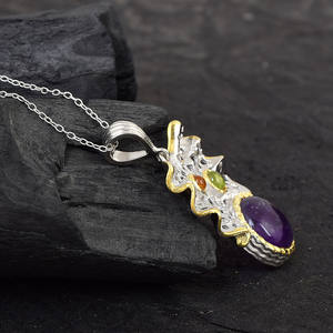 Collar de cadena de plata 925 de 18 pulgadas, colgante de piedras preciosas de peridoto de amatista Natural, abalorio chapado en oro de rodio negro, regalo de joyería - Product Image 3