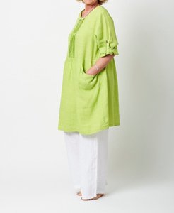 Robe tunique en lin vert lime, col rond, manches trois quarts, coupe ample, longueur midi, avec poches, tenue décontractée d'été - Product Image 3