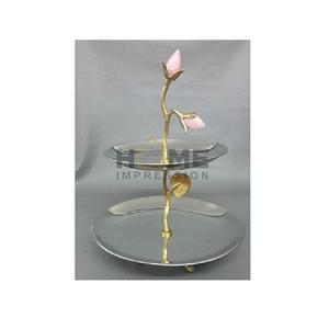 Soporte Decorativo de Metal con Ramas Florales de 2 Niveles en Dorado con Placas de Acero Inoxidable, Herramientas para Repostería, Base Redonda Brillante y Pulida - Product Image 1