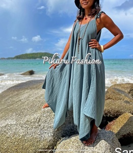 Mameluco de algodón y lino con cuello en V sin mangas de otoño precio al por mayor mono gitano informal patrones tejidos hasta el suelo mujeres naturales - Product Image 5