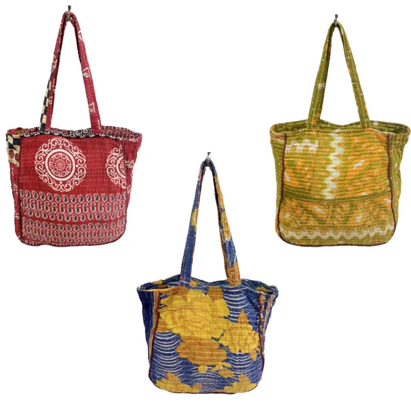 Premium kalite etnik tasarımcı el yapımı pamuk Kantha çantası, Vintage zarif Kantha Tote çanta