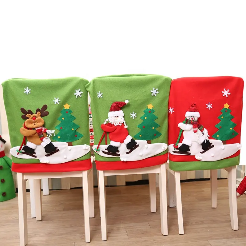 Хорошее качество, оптовая продажа, Рождественские декоративные чехлы на спинку стула с мультяшным рисунком Санты