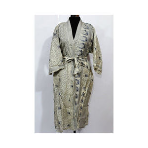 Best Selling Silk Sari <b>Kimono</b> Robe Knee Length Full Sleeves V-neck Handmade Printed <b>Kimono</b> Robe Maxi Dress for <b>Women</b> and Girls - Product Image 4