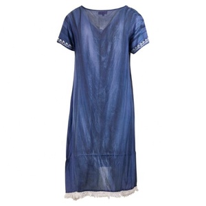 คอลเลกชันฤดูร้อน2019สีฟ้าสีขาวตัดกัน Aari เย็บปักถักร้อยผ่อนคลายพอดีผ้าฝ้ายย่นผู้หญิงสูงต่ำชายหาดชุดเสื้อคลุม - Product Image 6