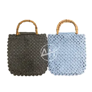 Bolsa de anel plástico artesanal, saco de crochê com alça de bambu estilo anel de crochê saco de ombro