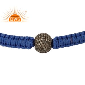 Nouveau Bracelet en Argent Sterling 925 Fait Main avec Diamants Naturels Pavés et Cordon Bleu en Coton pour Femme - Fabricant de Bijoux - Product Image 2