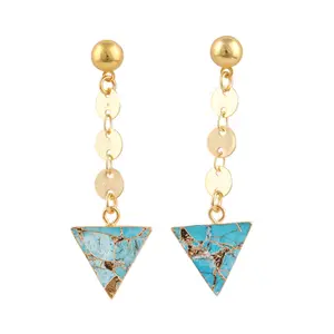 New Trending copper blue turquoise long link chain earring brass gold plated earring triangle shape stone drop hanging earrings