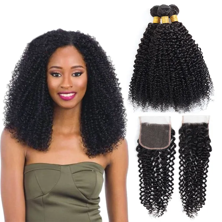 Kinky Curly Hair Bundles With Closure Brazilian Hair Weave Bundles With Closure Natural Color Remy Hair Extension Apple Girl