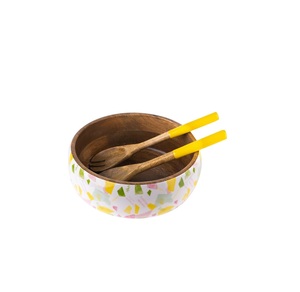 Bol à salade en bois manga de forme ronde, plat en bois, avec serveurs à salade - Product Image 1