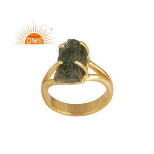 925 Sterling <b>Silver</b> 18K Gold <b>Plated</b> Natural Rough Moldavite Gemstone Stackable Ring Jewelry Manufacturer - Product Image 1