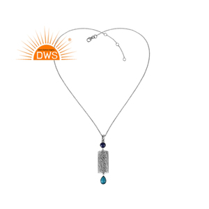 Collier pendentif en argent oxydé motif bois d'arbre, fournisseur de bijoux en pierres précieuses Lapis Lazuli et Turquoise - Product Image 1