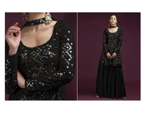 Ensemble Sharara noir en géorgette et soie Santoon, broderie avec travail de séquence et de papier métallisé, et travail de dentelle sur 4 côtés dans un long dupatta - Product Image 1