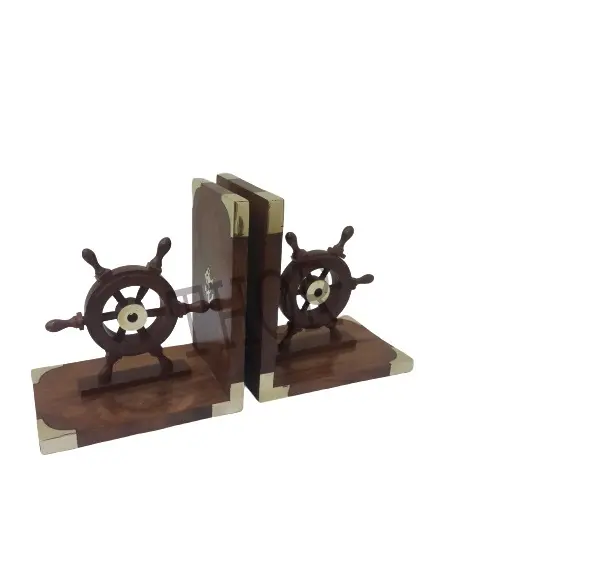 Vintage ship nautical boat wheel wooden bookends Ship Wheel Book Stand Brown Polished Office Decor