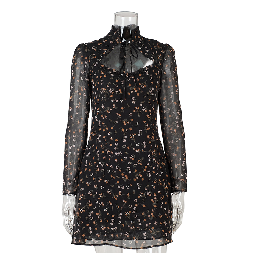 Custom Design Sexy Mini Dress Black Color Ladies Dating Wear Chiffon Floral Lace Cutout Sexy Long Sleeve Dress