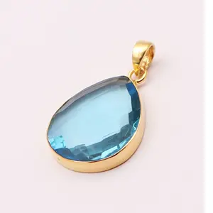 Swiss blue topaz gemstone jewelry pear shape single loop pendants gold plated gemstone pendant necklace