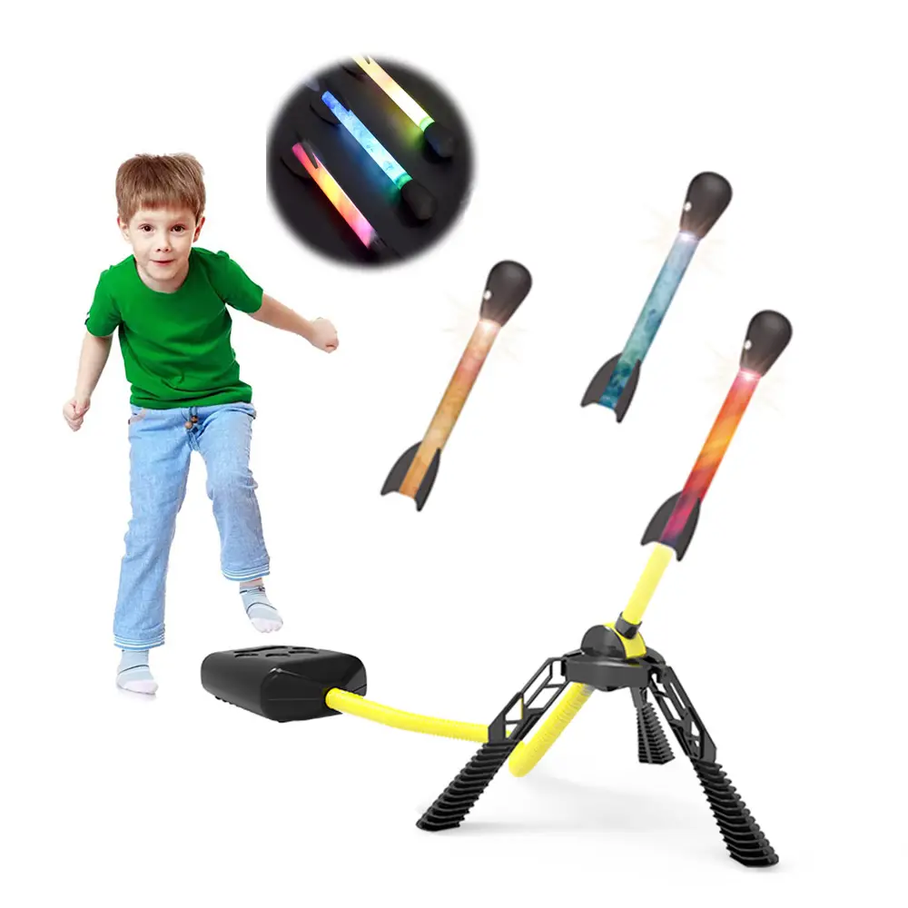 Amazon sıcak satış açık oyun oyuncak hava ile çalışan Stomp PVC roketatar oyuncak ile çocuklar için LED ışık