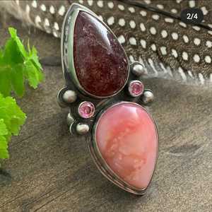 Ópalo rosa y cuarzo de jardín excelente 925 sólido anillo de piedras preciosas de plata esterlina joyería DE LA DECLARACIÓN - Product Image 1