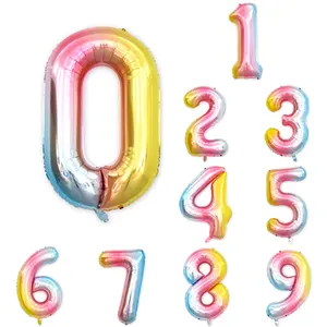 Balão laminado de arco-íris para decoração, balão de alumínio de 40 polegadas, 16 polegadas ou 32 polegadas 0-9 para decoração de festa de aniversário