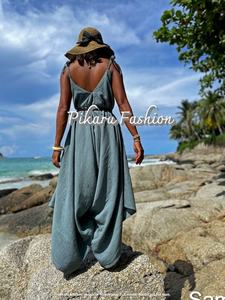 Autumn Sleeveless V-Neck <b>Linen</b> Cotton Romper Wholesale Price Casual Gypsy Jumpsuit Woven Patterns Floor-Length Natural <b>Women</b> - Product Image 6