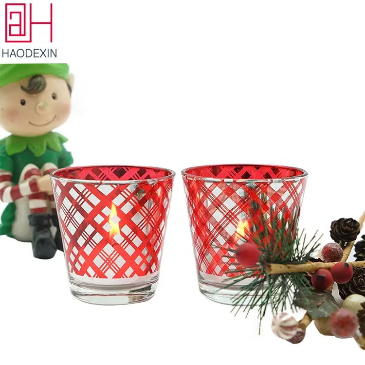 HAODEXIN Giáng Sinh Red Tea Light Vàng Mã Candle Holder Electroplate Shiny Kim Loại Thủy Tinh Nến Jar Với Laser Cut Hình Học Kẻ Sọc