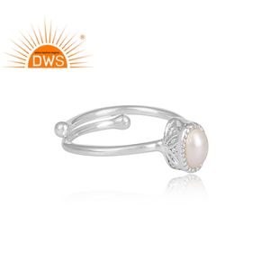 Bague en argent sterling 925 avec perle d'eau douce naturelle blanche, nouvelle bague tendance ajustable faite à la main pour femmes - Product Image 3